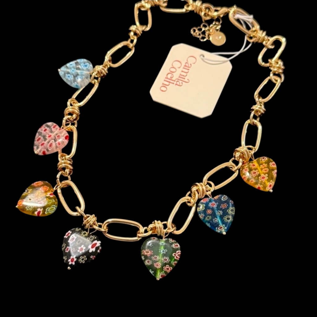 Camila Coelhobeautiful Gold Multicolor Heart Glass Charms 17in Necklace 59$